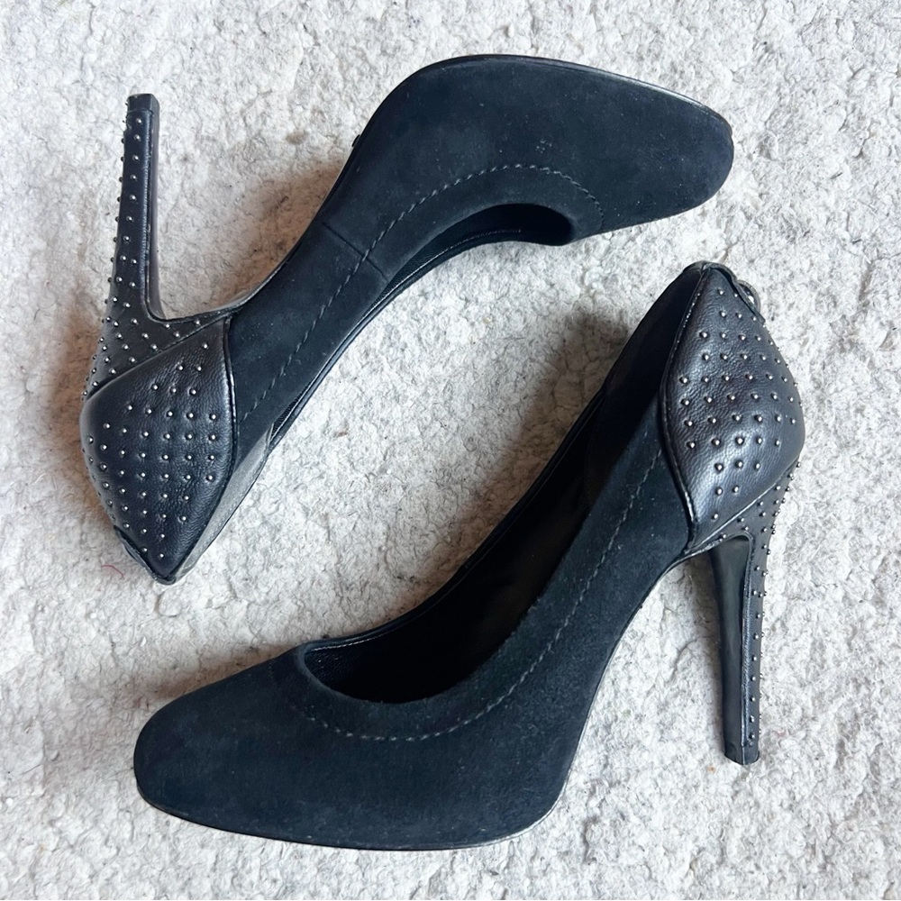 Karen Millen: Black Suede Leather Rounded Toe Studded Heel Size 36
